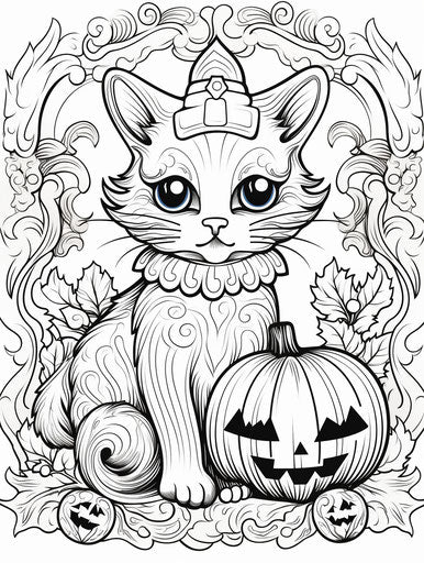 Halloween style cat coloring page, clean inking, soft shading