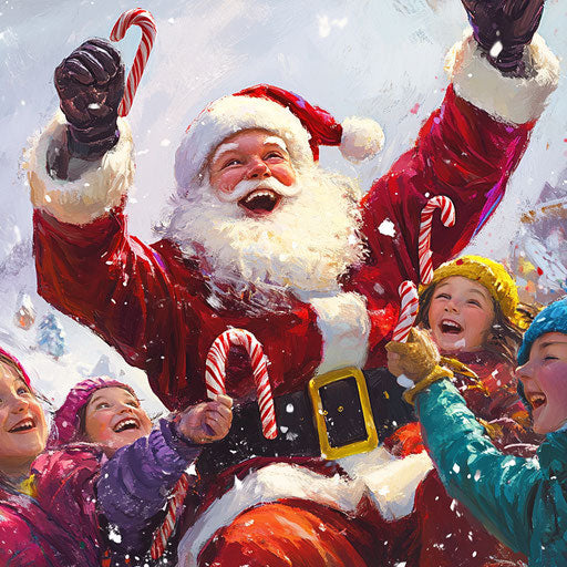 Joyful Santa tossing candy canes from his sleigh, laughter and excitement filling the air as kids look up.