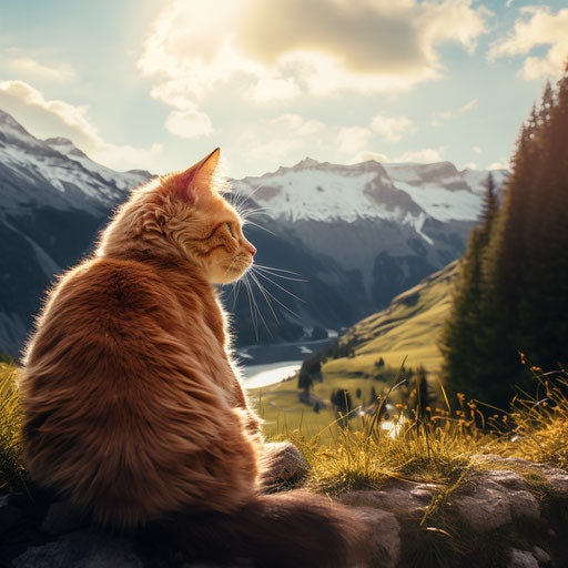 Ginger cat in front of mountain scenery