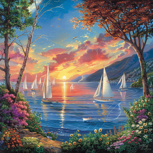 Colorful sunset over tranquil bay with sailboats
