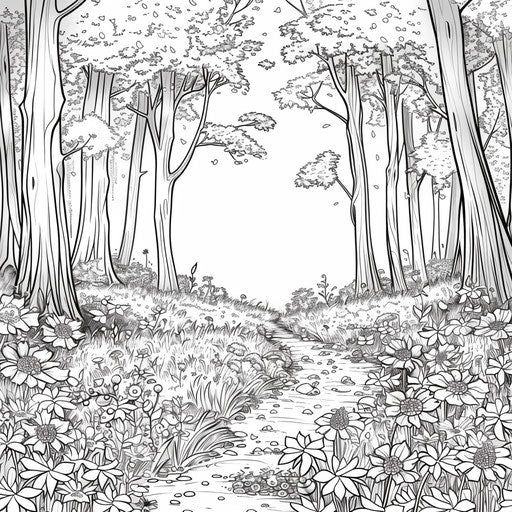 Forest clearing filled with wildflowers and soft sunlight. Coloring book page
