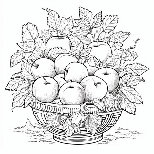 Coloring page of a white basket of apples, intricate foliage style