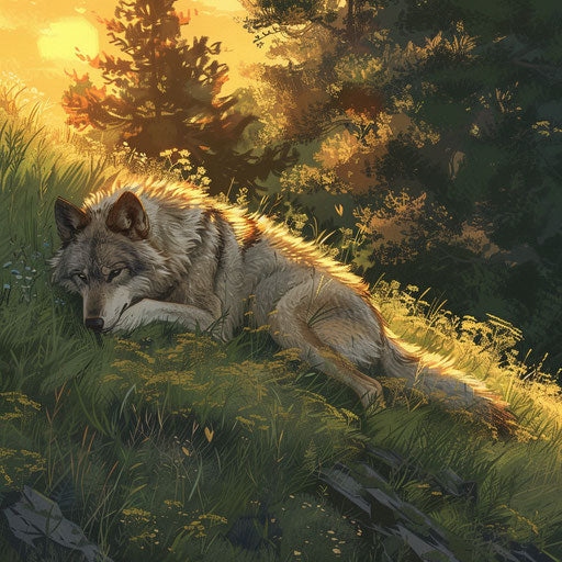 Wolf in golden light on grassy hill