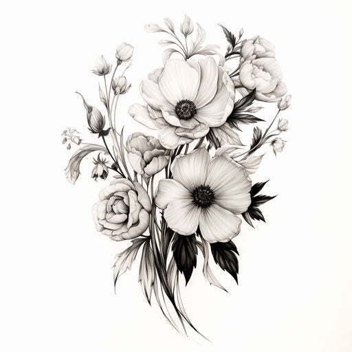 Drawing of flowers, black and white, tattoo-inspired style, pastoral charm, subtle tonalities