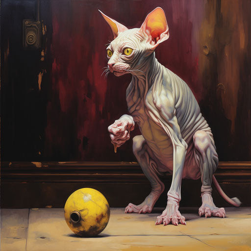 Gray sphynx cat playing with ball in front of wood chest
