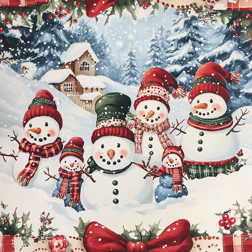 Snowman families with snowy landscapes