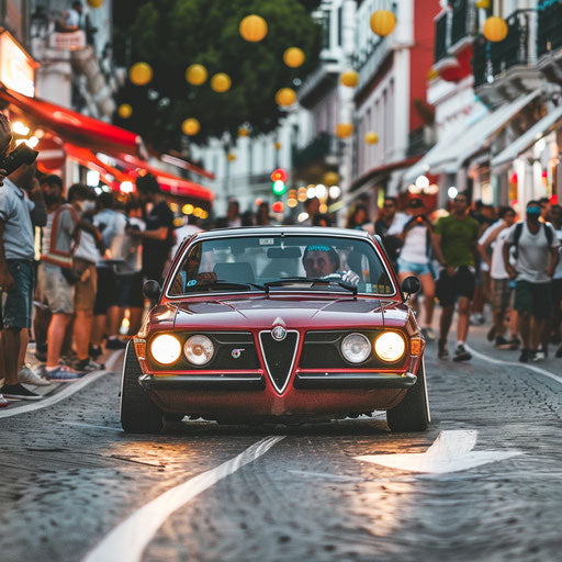 Lowrider Alfa Romeo Alfasud with hydraulic suspension bouncing down a vibrant street during a cultural festival.