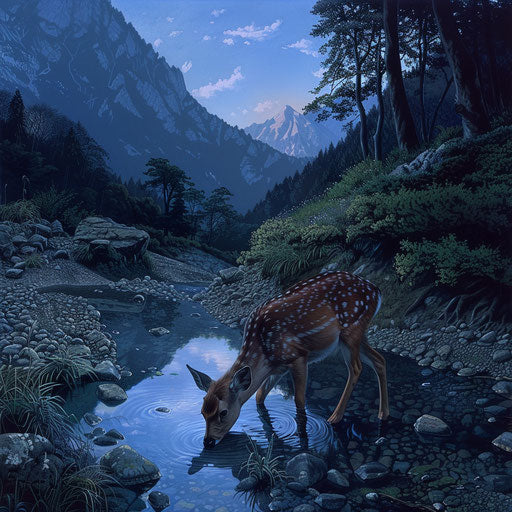 Yezo sika deer gracefully drinking at dawn