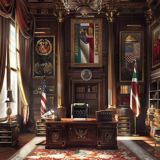 Diplomat's office with flags and artifacts