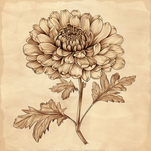 Vintage-inspired tattoo sketch of an aster flower with sepia tones and delicate shading