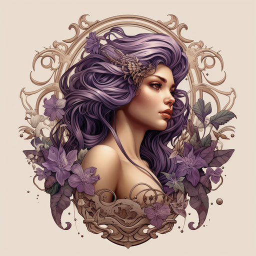 Vintage design tattoo of the virgo sign, detailed foliage