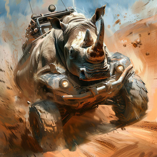 A rhino in a rally race