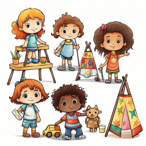 Kindergarten clipart in the style of Chiaroscuro Art, on white background