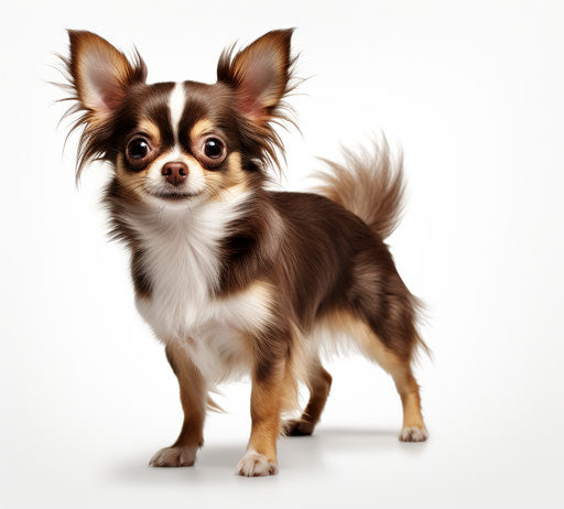 Chihuahua dog on white background, light maroon and dark gold