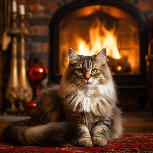 A Siberian cat in front of a fireplace fire