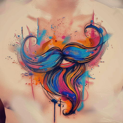 Expressionist tattoo sketch of a mustache with dynamic brush strokes and vivid colors
