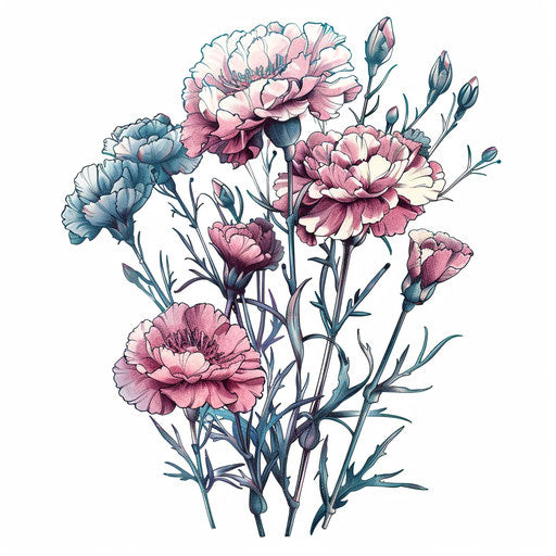 Bouquet of carnations in pastel colors on white background