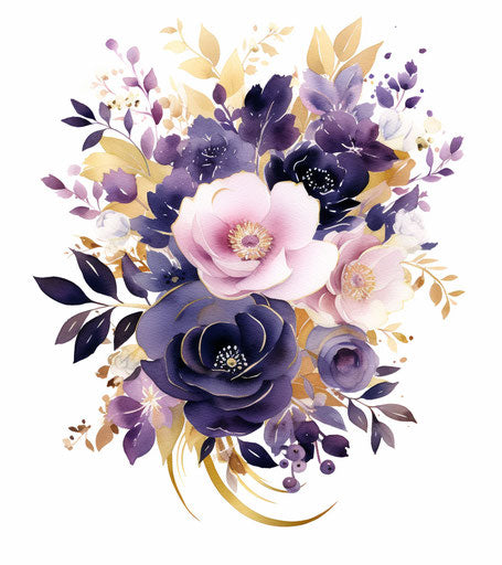 Floral watercolour painting, dark purple and light gold, playful arrangements, feminine figure, hand-painted details, colorful outlines, romantic illustration