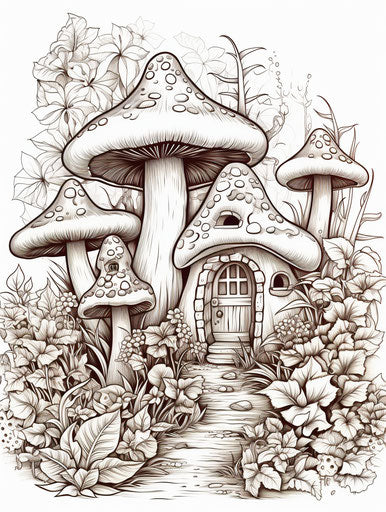 Coloring pages with flowers and mushrooms in the style of Ilford SFX