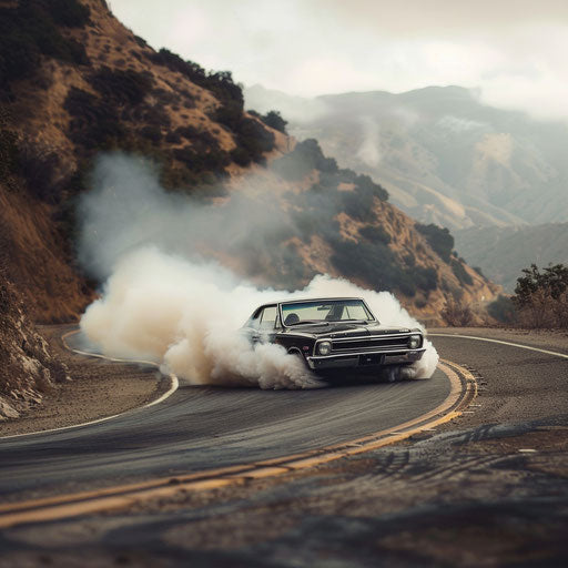 1967 Chevy Bel Air drifts around a mountain corner