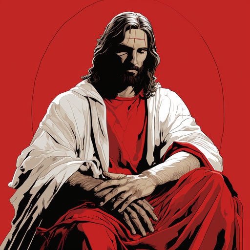 Jesus' hands holding his cross and a large handkerchief