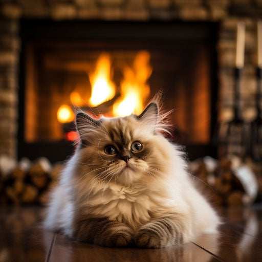 Himalayan cat in front of a fire in a fireplace