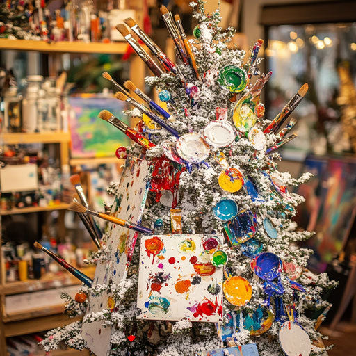 Artist's studio Christmas tree with paintbrushes and vibrant colors