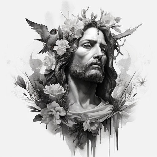 Black and white tattoo design of Jesus with 8k, birds & flowers