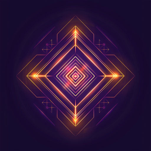 Neon logo with geometric patterns and elegant neon lines in neon gold and purple on dark background