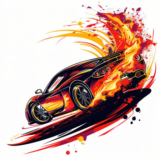 Dynamic clipart style flat tattoo sketch of a sports car with flames and vibrant reds and oranges