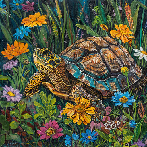Turtle among colorful wildflowers in spring