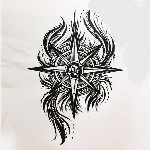 Sketch of tribal tattoo of a compass rose with sharp curves and solid black patterns