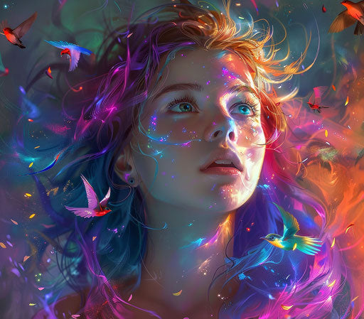 Colorful haired girl with bright birds in electric sky
