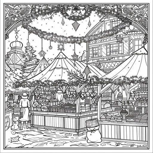 Historical Christmas market scene in the style of a coloring book