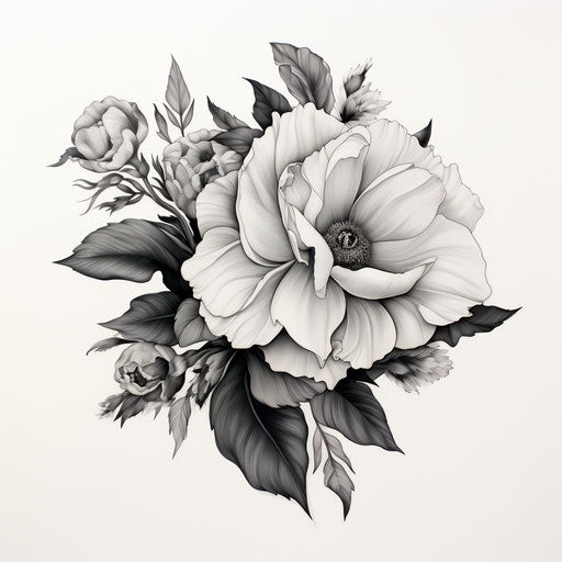Black and white floral drawing, tattoo style, traditional technique
