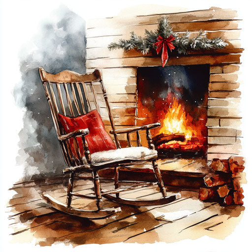 Vintage wooden rocking chair by the Christmas fire