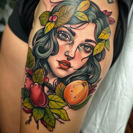 Neo-traditional tattoo of Persephone with bold outlines and vivid colors blending modern and traditional elements on white background.