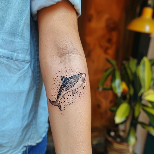 Flat tattoo sketch of a whale shark with a minimalist outline and a soft blue background