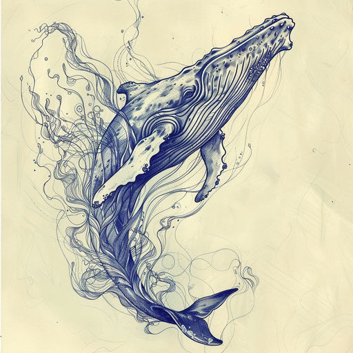 Graceful sketch of a humpback whale with flowing, water-inspired line art in indigo