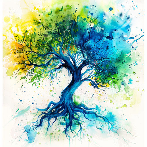 Vibrant watercolor tree of life with vivid greens and blues