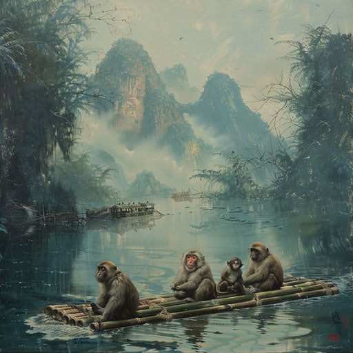 Monkeys on bamboo raft drifting down calm river