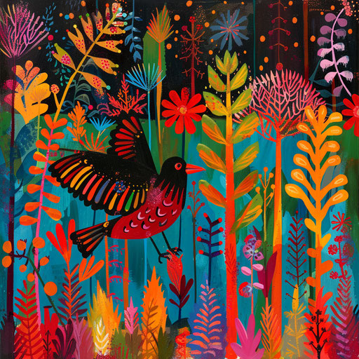 Black bird with red wings in a colorful forest