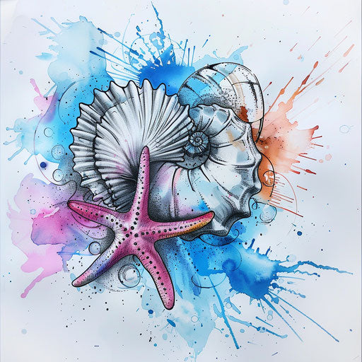 Seashell and starfish with watercolor splashes