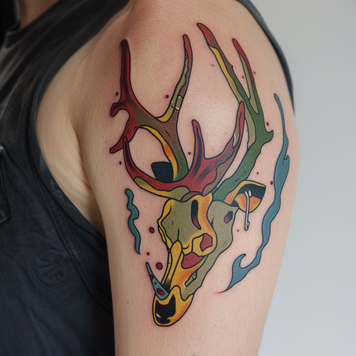 Pop art deer skull tattoo with bright colors and comic style