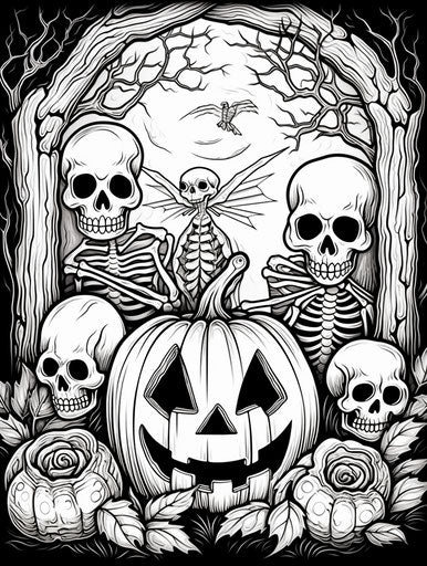 Halloween coloring page with pumpkins and skeletons