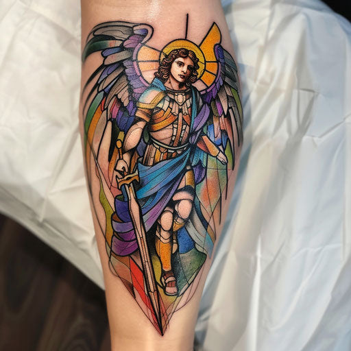 Stained glass tattoo style of Saint Michael against white background