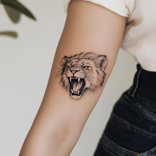 Tricep tattoo of a fierce lion's head roaring Peter Jackson style