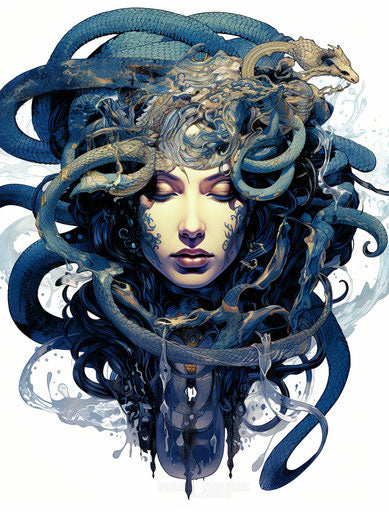 Egyptian head with snakes in indigo and blue style