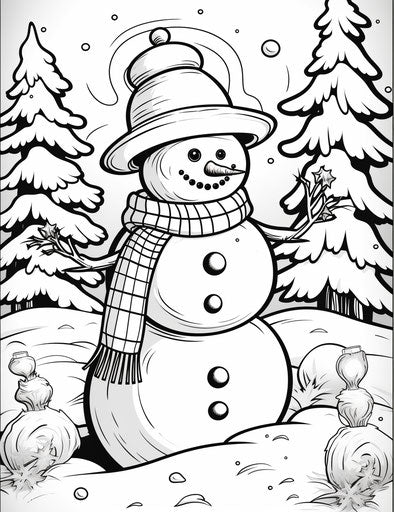 Snowmen coloring pages for kids, free printable Christmas pictures and pages, in the style of intricately textured, arts and crafts movement, Bamileke art, pointillist coloration, columns and totems, cold and detached atmosphere