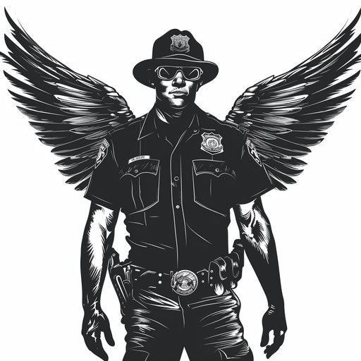 Police officer clipart with detailed wings on random monochrome background